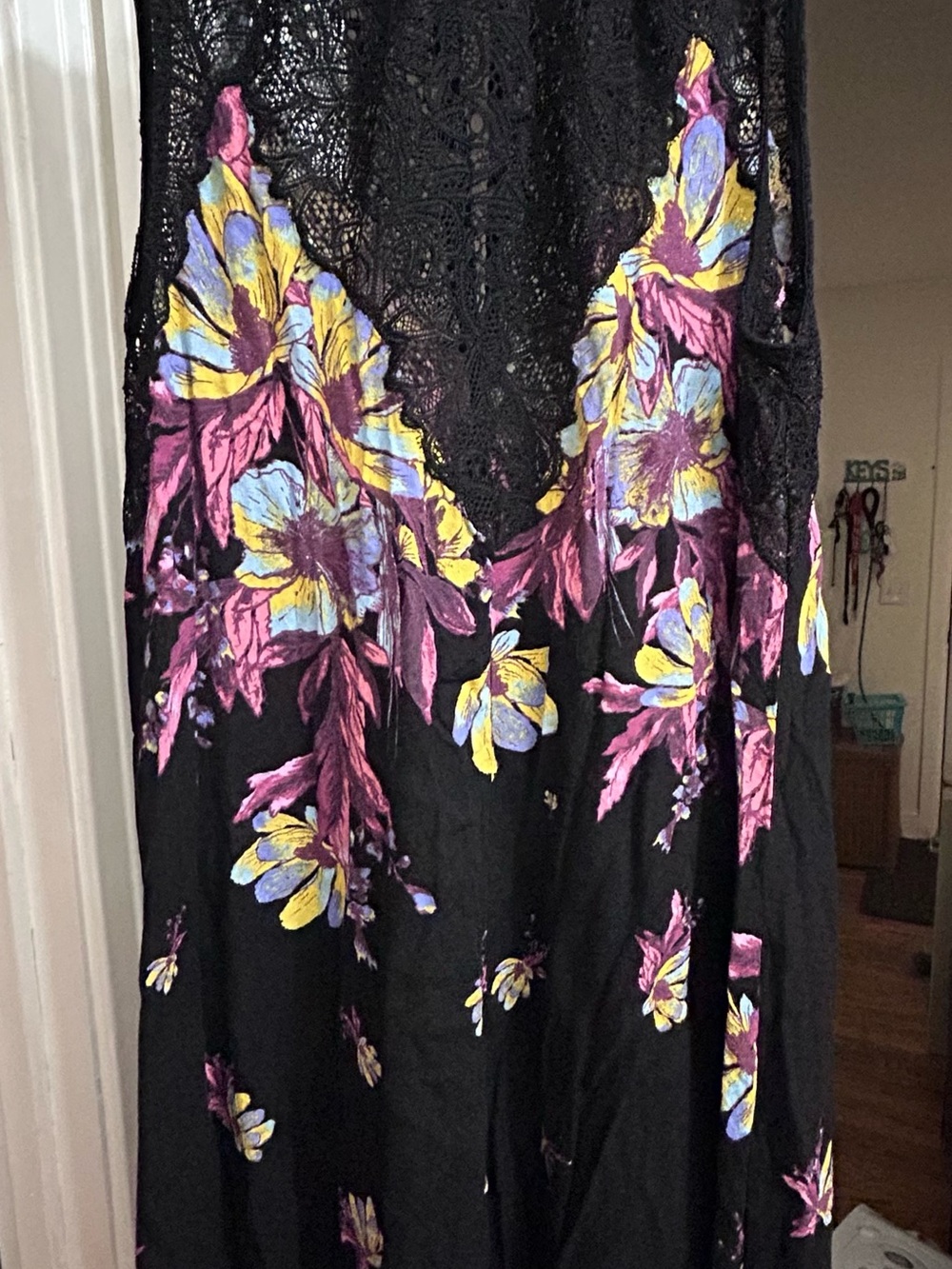 Free People Black Floral Lace-Trim Slip Dress with Pink and Yellow Blooms